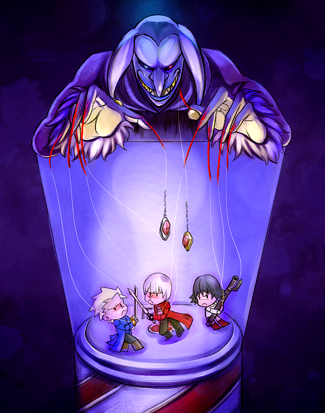 Safebooru - 1girl 3boys blue eyes blue jacket chibi claws dante (devil ...