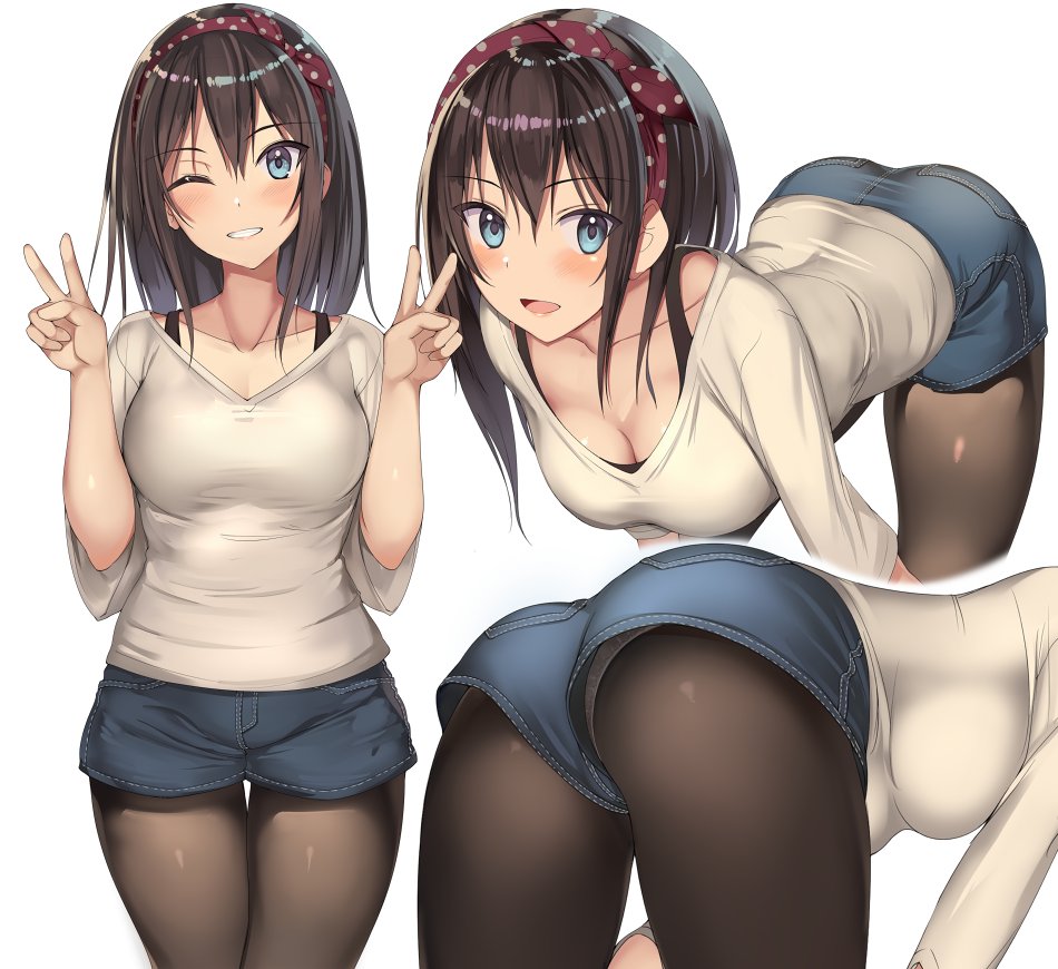 1girl arm_support ass bangs bent_over blue_shorts blush breasts character_r...