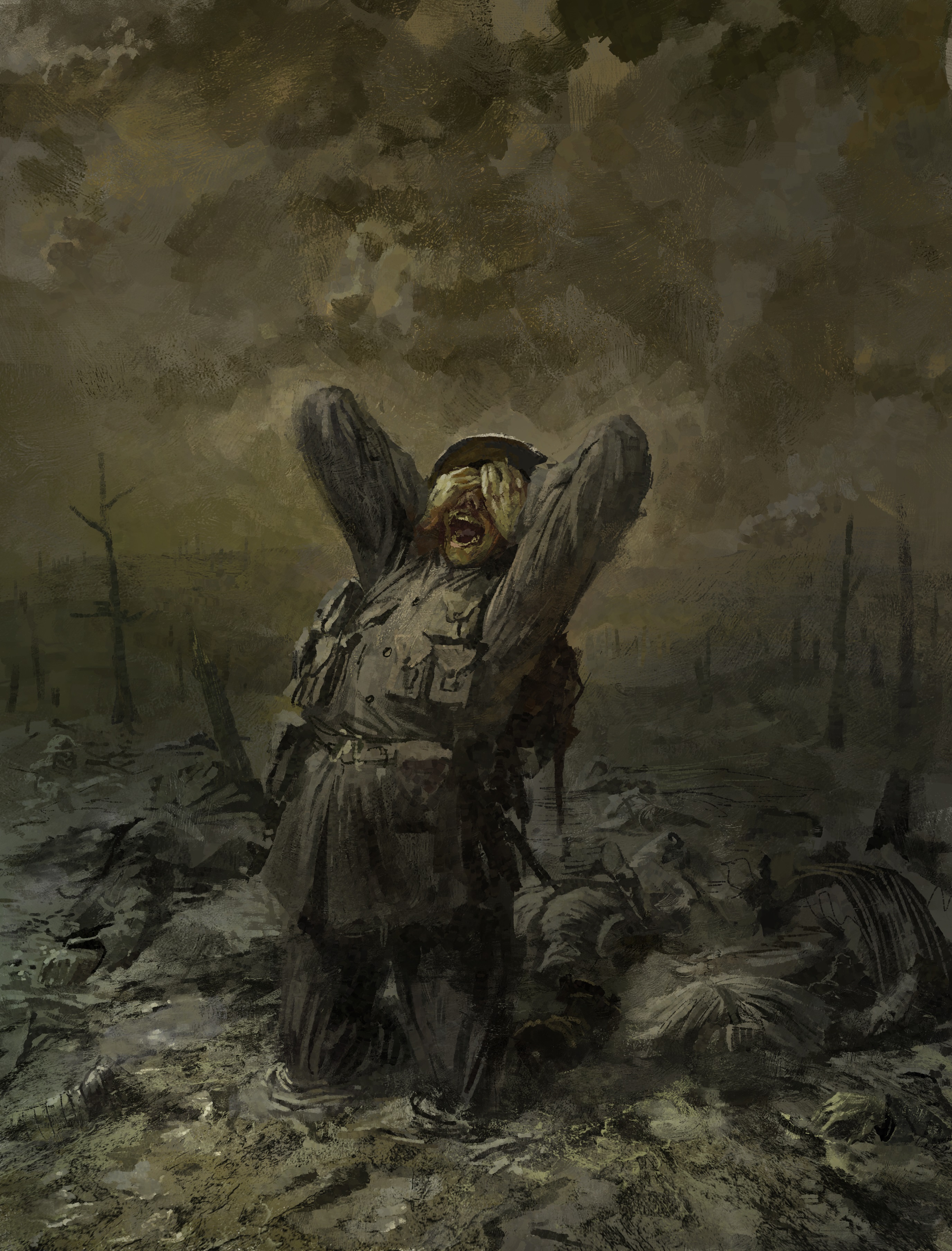 Safebooru 1boy absurdres ammunition pouch bare tree clouds cloudy sky