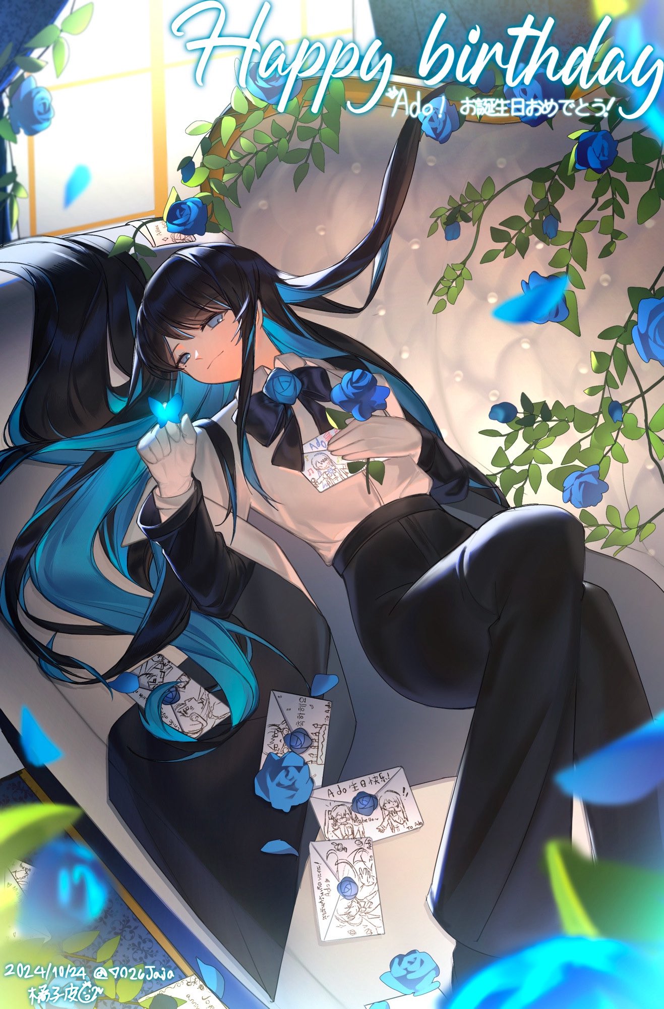 Safebooru - 1girl 7026jaja ado (utaite) black bow black bowtie black ...
