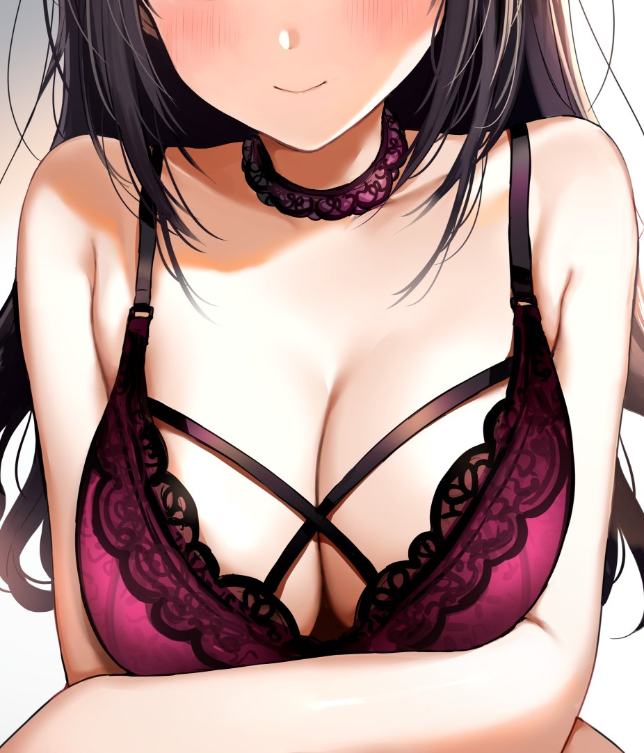 1girl black_hair blush bra breast_hold breasts cleavage closed_mouth crosse...