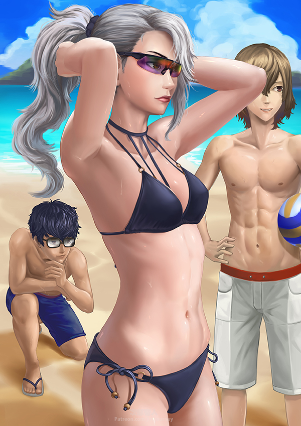 1girl 2boys akechi_gorou amamiya_ren atlus ball beach bikini black_bikini b...