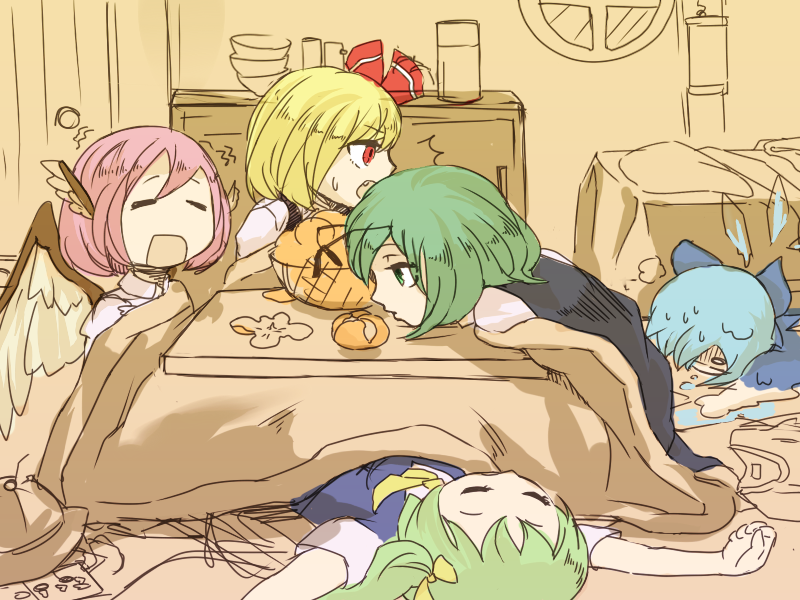 Safebooru - 5girls amayadori-tei antennae bangs bird wings blonde hair