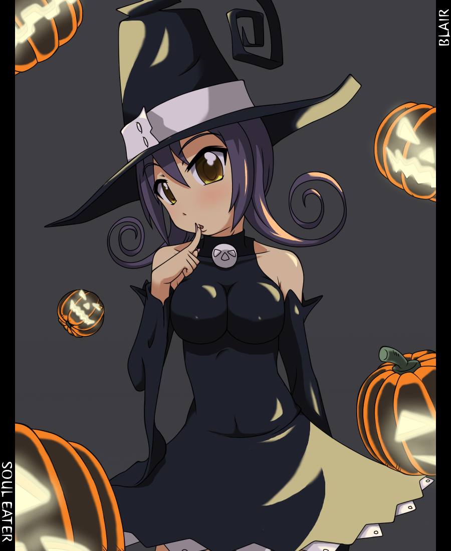 curly_hair hat k10k pumpkin purple_hair soul_eater witch witch_hat yellow_e...