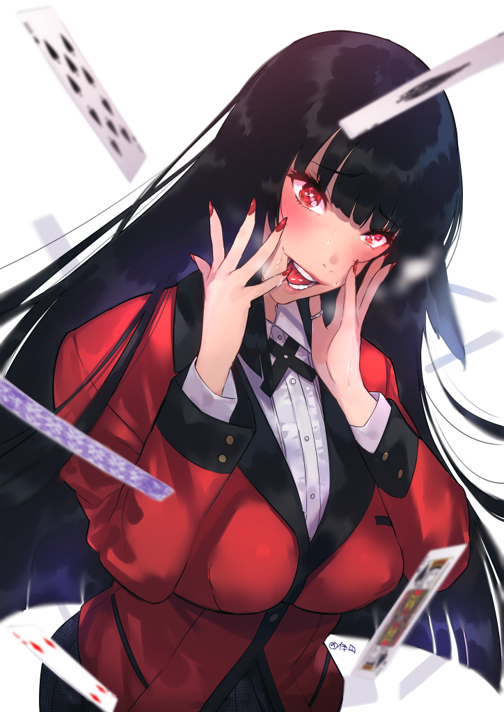 ...falling_card finger_in_mouth fingers_to_cheeks hime_cut jabami_yumeko ja...