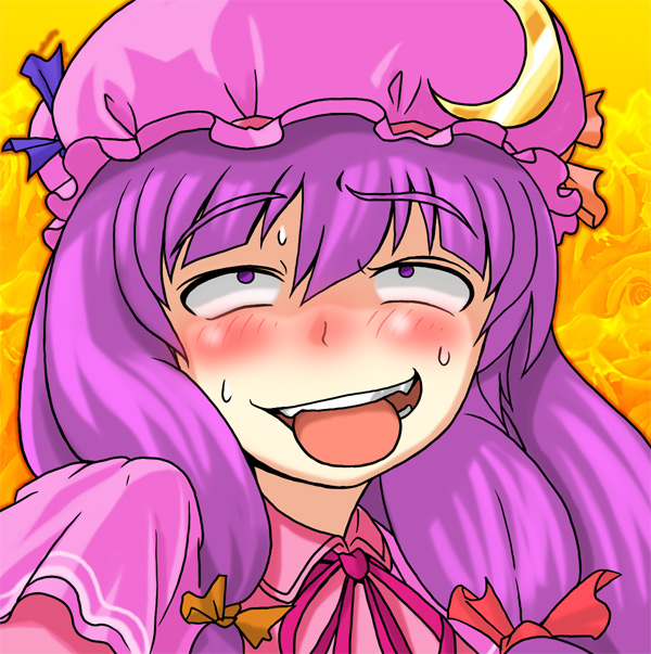 1girl ahegao blush bust commentary crescent face hat long_hair patchouli_kn...