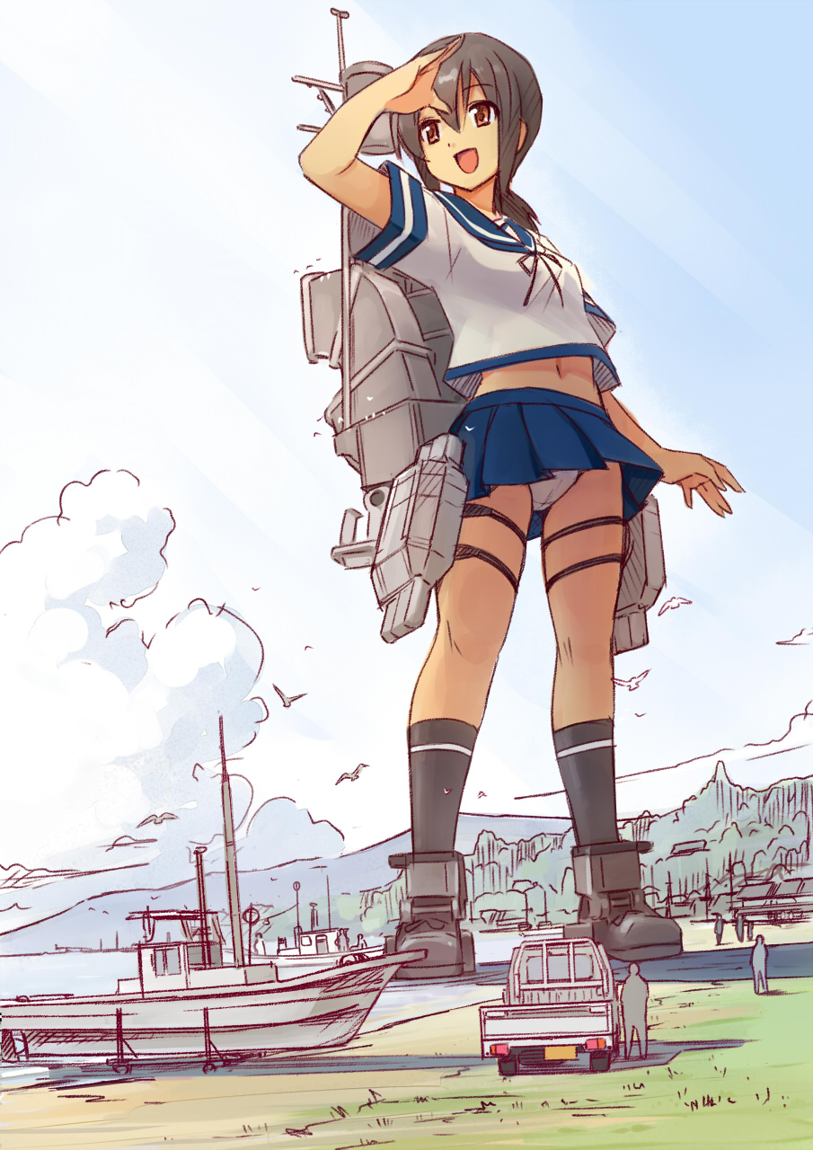 ...blue_sky boat breasts brown_eyes day fubuki(kantai_collection) full_body...