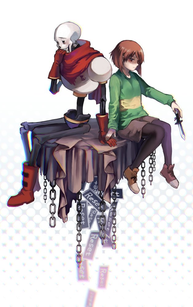 1boy 1other androgynous armor blush brown_hair chara(undertale) gloves knif...