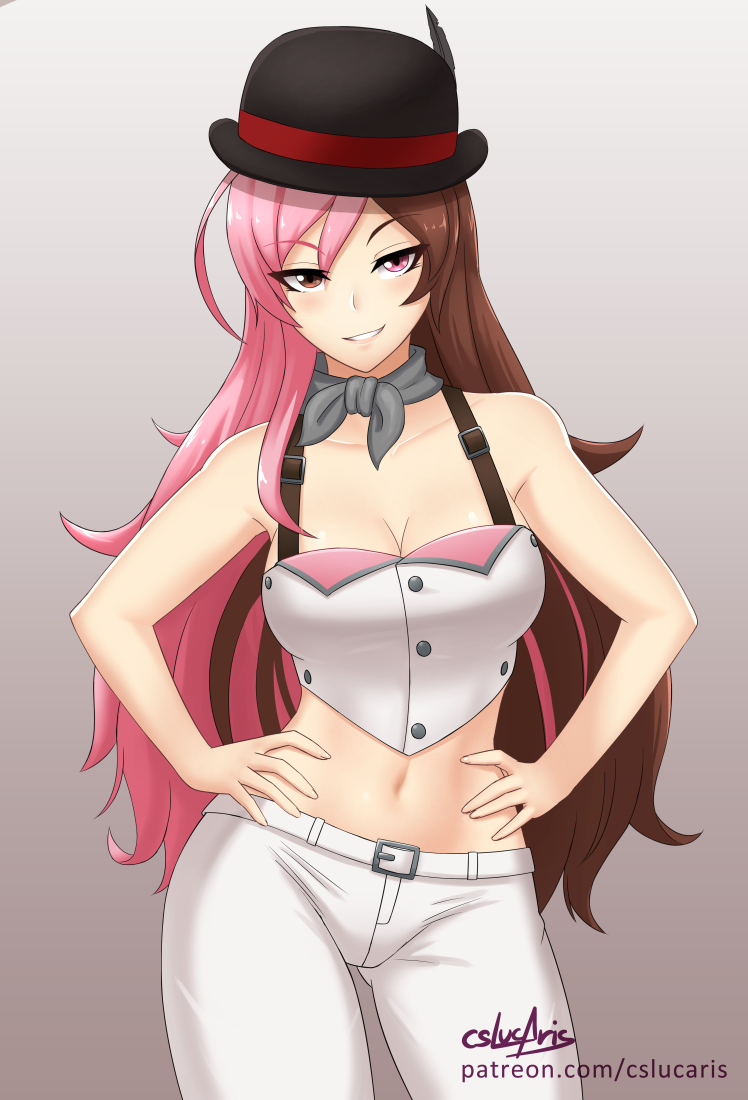 cleavage cslucaris hat heterochromia long_hair medium_breasts multicolored_...