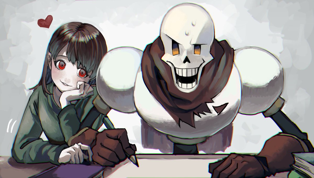 1boy 1other androgynous chara(undertale) gloves heart open_mouth papyrus(un...