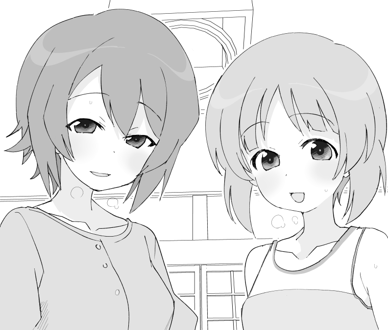 2girls girls_und_panzer greyscale heavy_breathing henyaan(oreizm) looking_a...