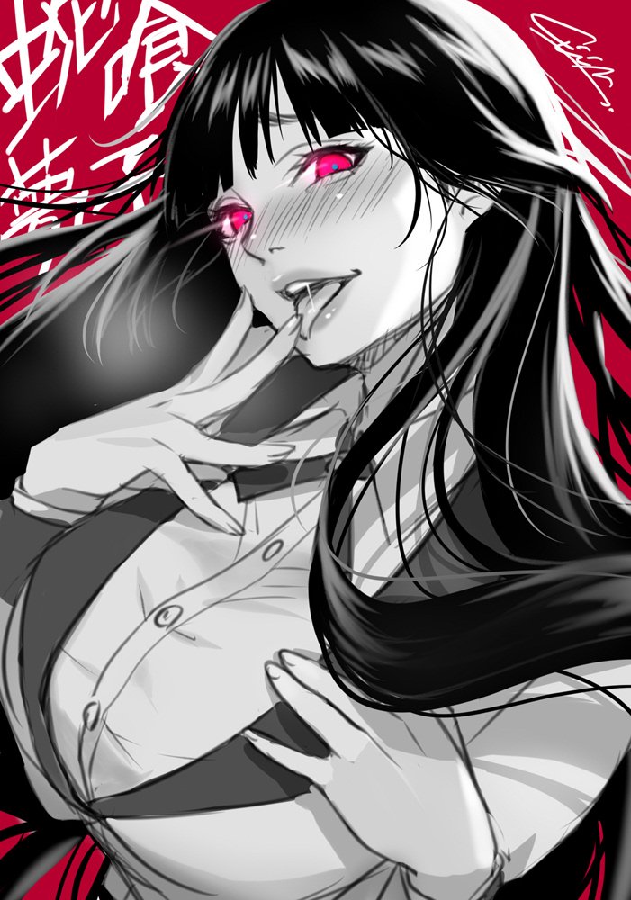 ...finger_licking glowing glowing_eyes greyscale hime_cut jabami_yumeko jac...