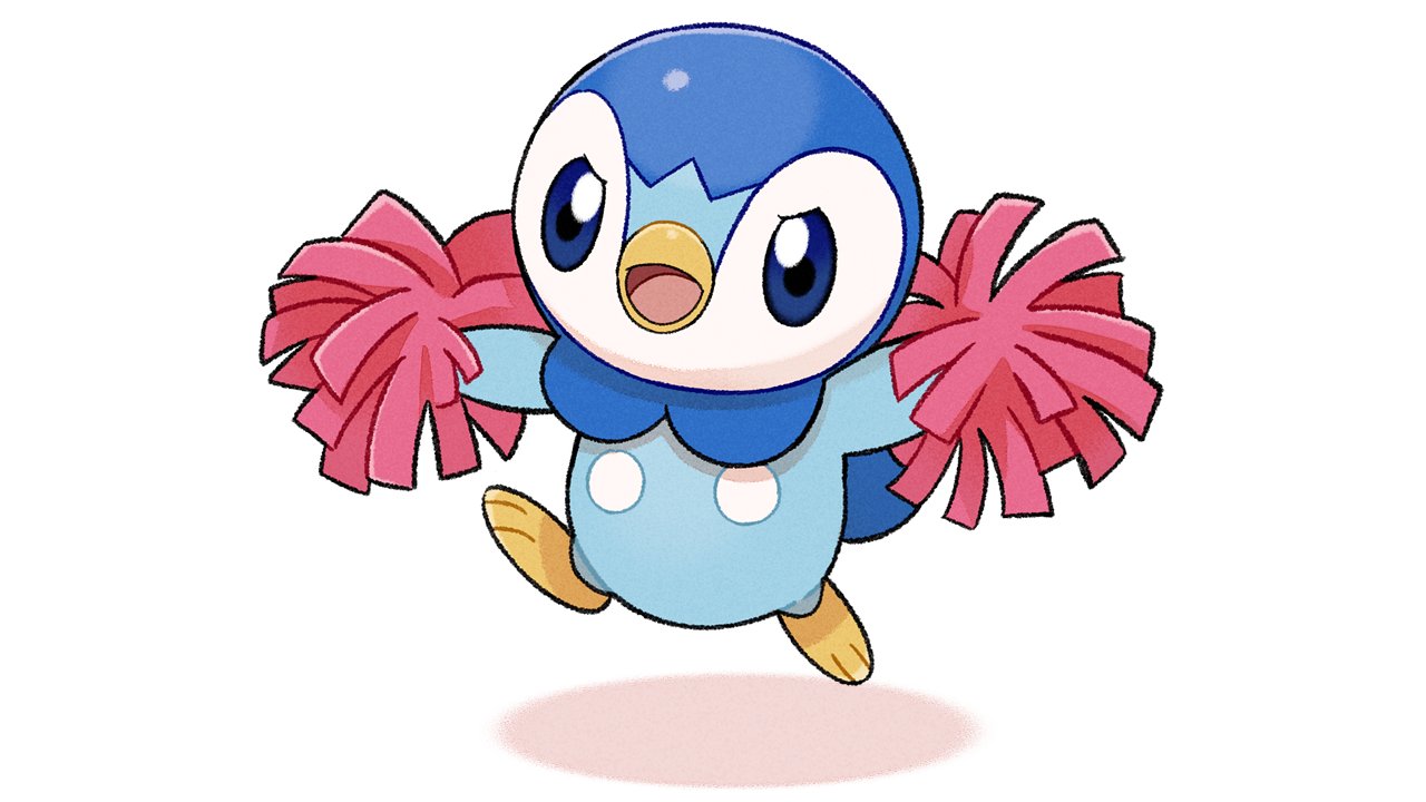 ...holding_pom_poms jumping leg_up no_humans official_art open_mouth piplup pokemon pokemon(c...