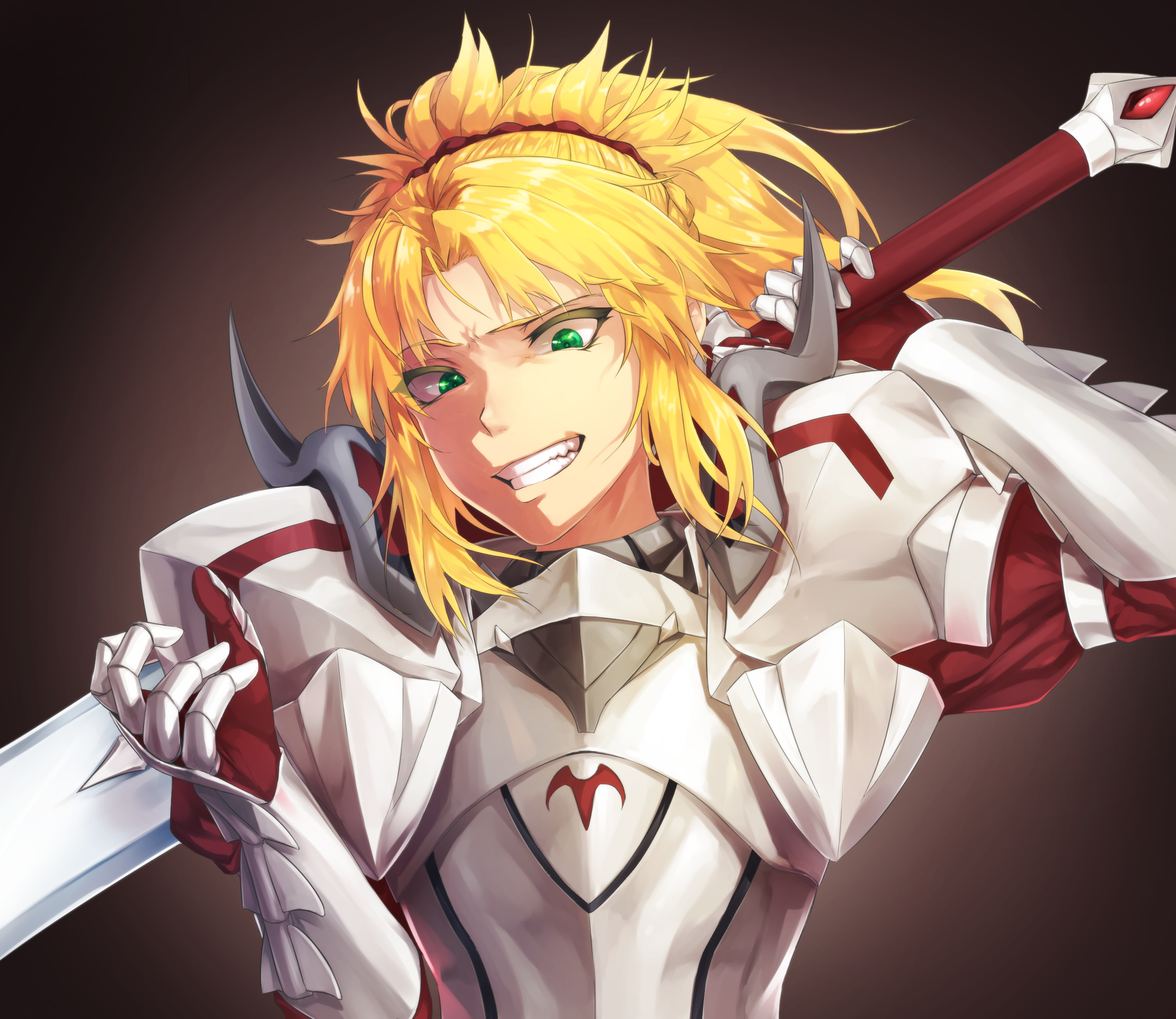 Safebooru - 1girl armor bangs blonde hair braid clarent clenched teeth ...
