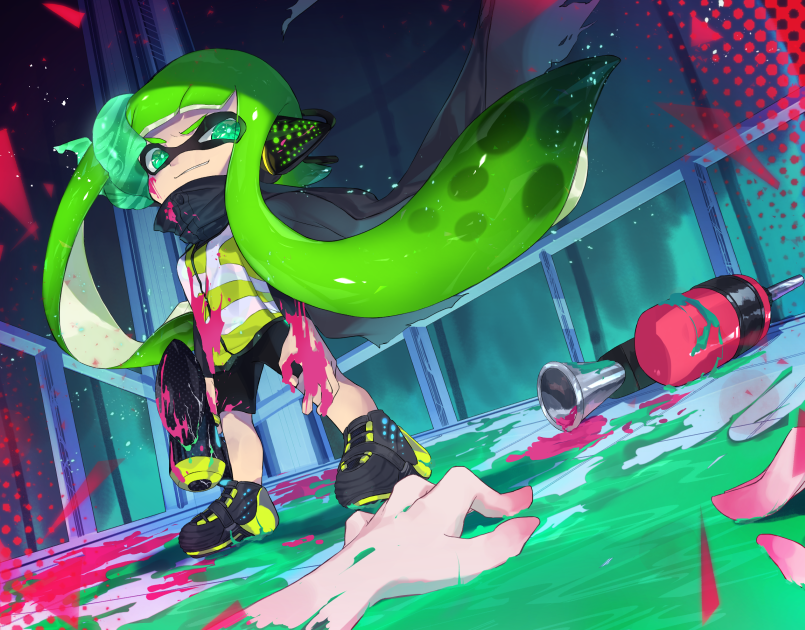 (splatoon) holding holding_weapon inkling light_particles long_sleeves mask...