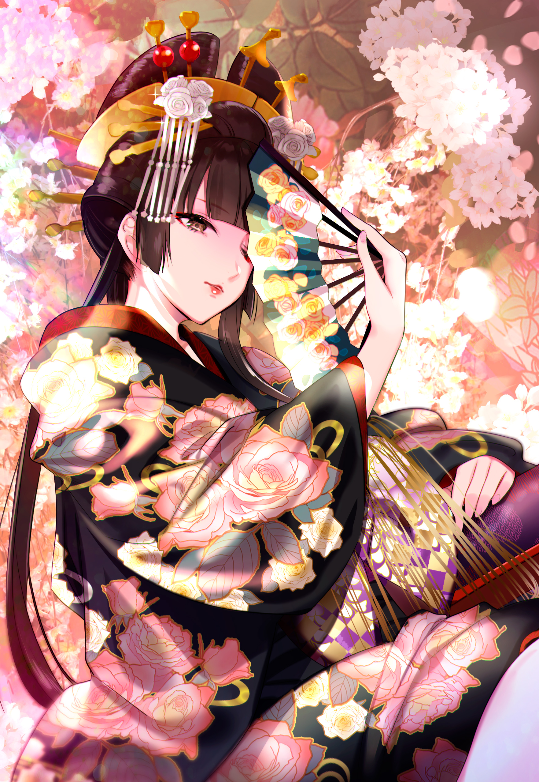 Safebooru - 1girl absurdres bangs black hair black kimono blunt bangs ...