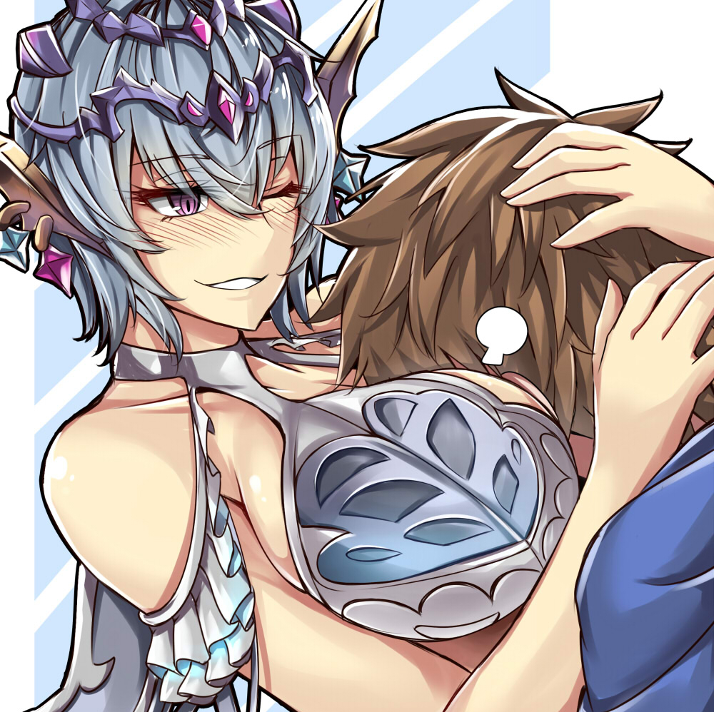 1boy 1girl ;) =3 bangs bare_shoulders blue_hair blush breast_smother breast...