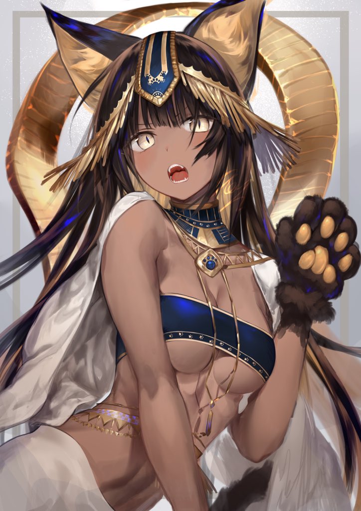 ...brown_gloves brown_hair cat_ears cleavage commentary_request dark_skin e...
