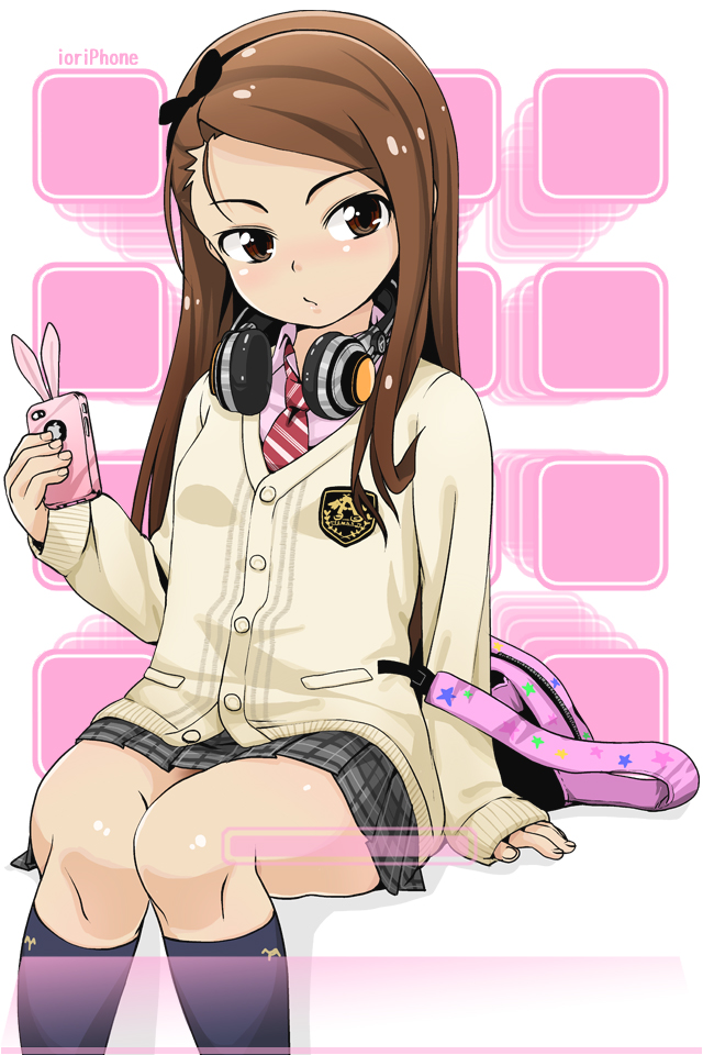 Safebooru 1girl Apple Inc Bangs Blue Legwear Brown Eyes Brown Hair Cardigan Fingernails 9619