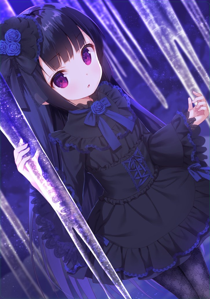 Safebooru - 1girl :o bangs black dress black hair black legwear blue ...