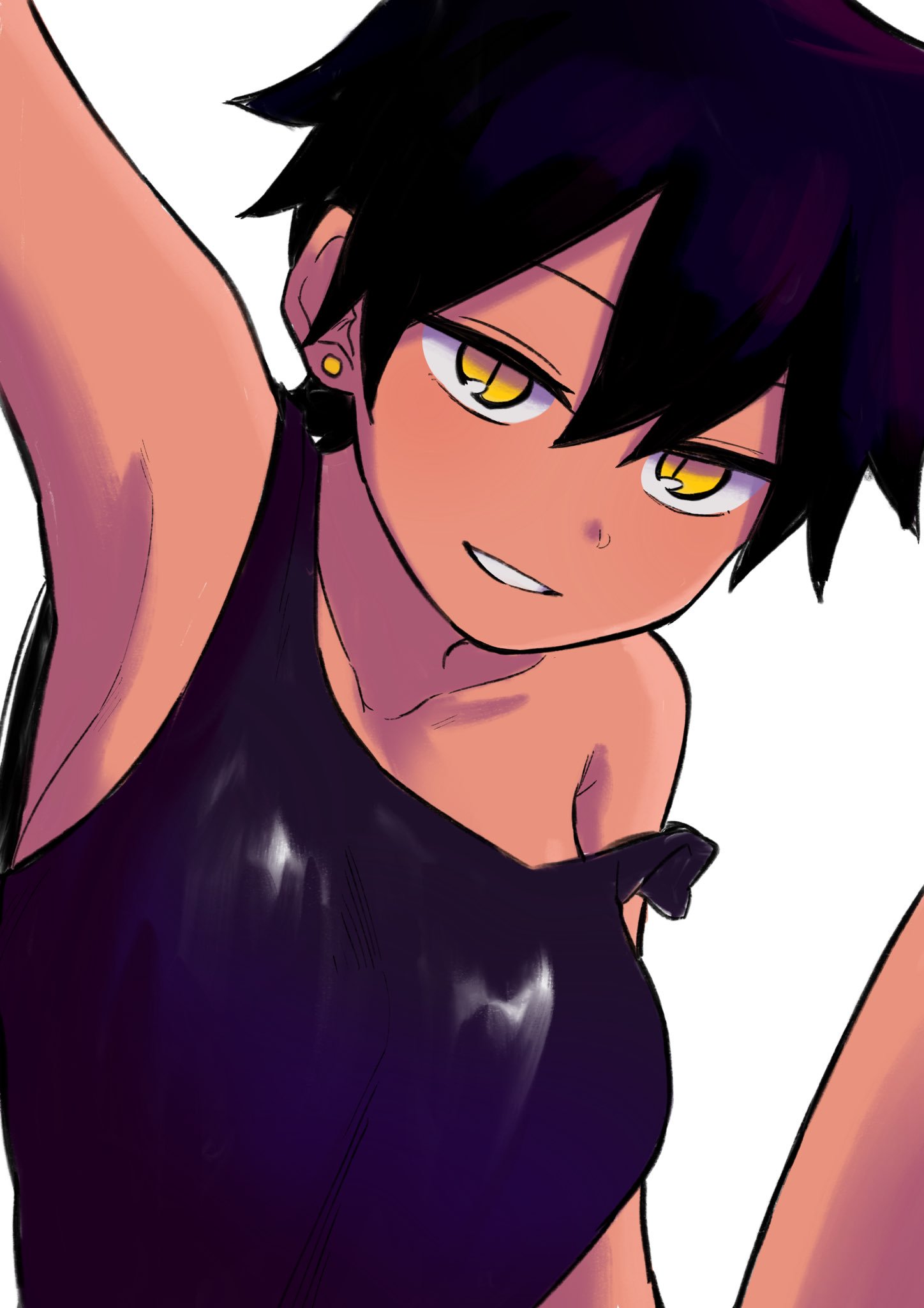 1girl armpits black_hair breasts collarbone earrings hair_between_eyes high...