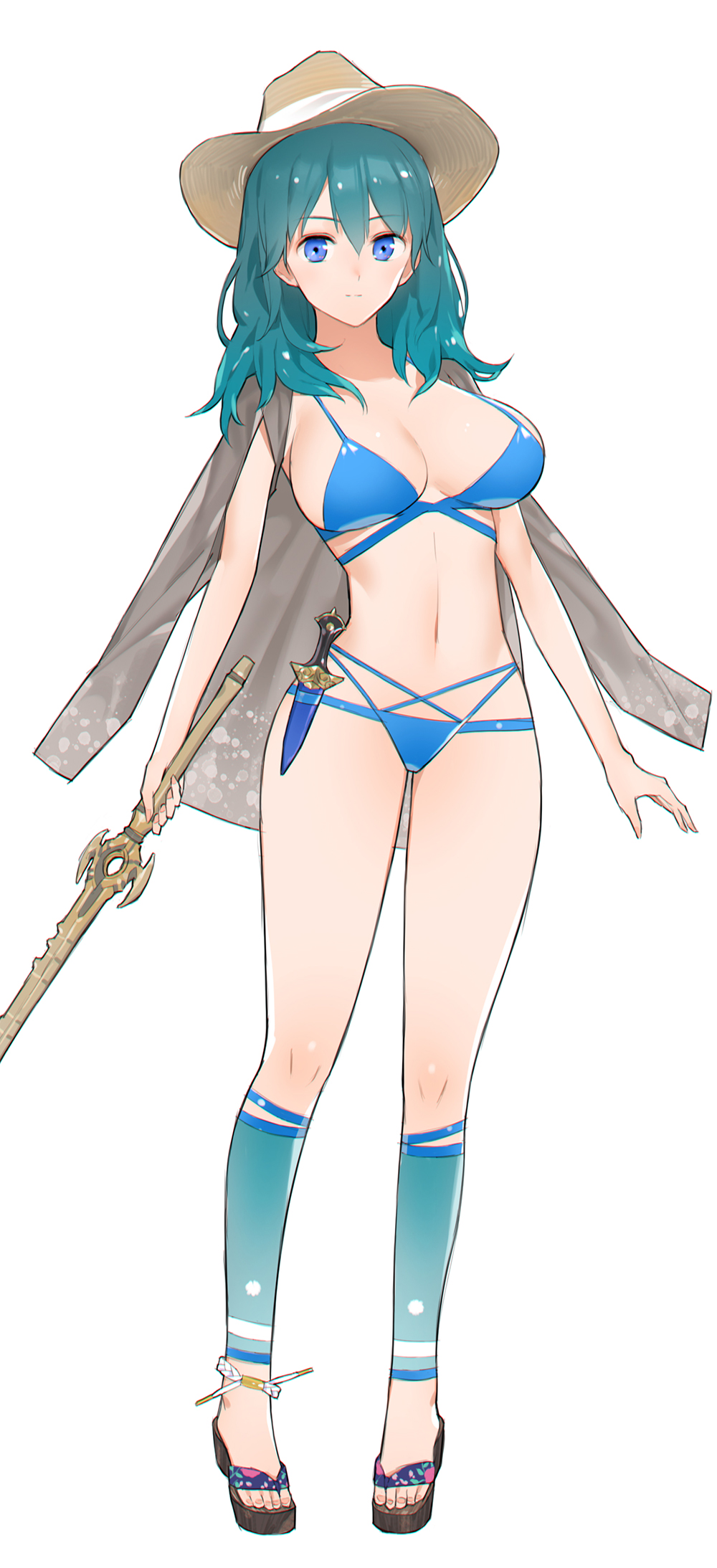 1girl bikini blue_eyes blue_hair blue_swimsuit breasts byleth(fire_emblem) byleth...