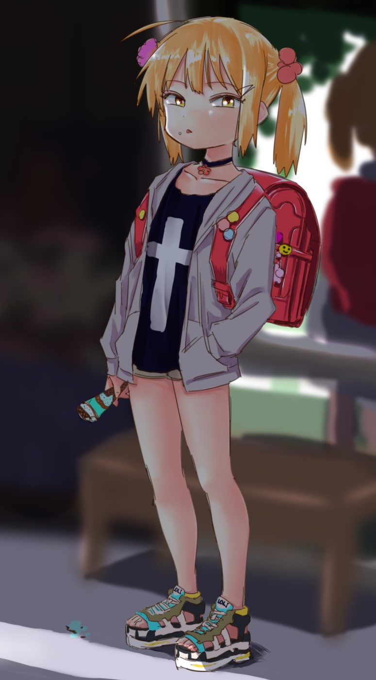 Safebooru - 1girl :p backpack bag black shirt blonde hair ch