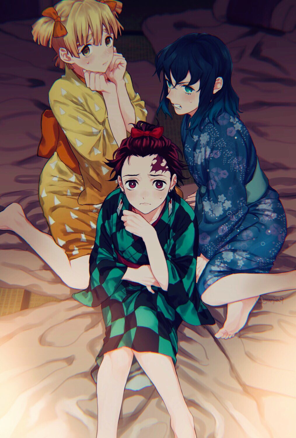 ...floral_print from_above frown green_eyes green_kimono hair_bow hair_pull...