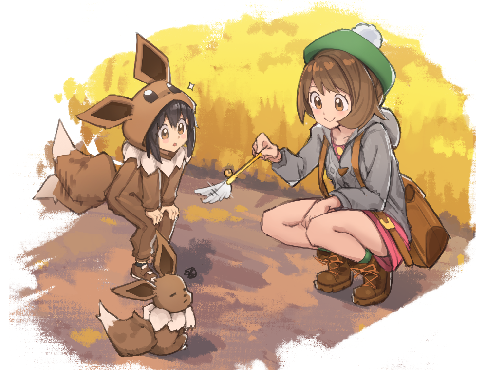 ...(cosplay) eevee_costume full_body gen_1_pokemon green_headwear green_leg...