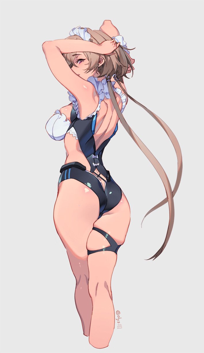 brown_hair cropped_legs frills from_behind grey_background highres honkai(s...