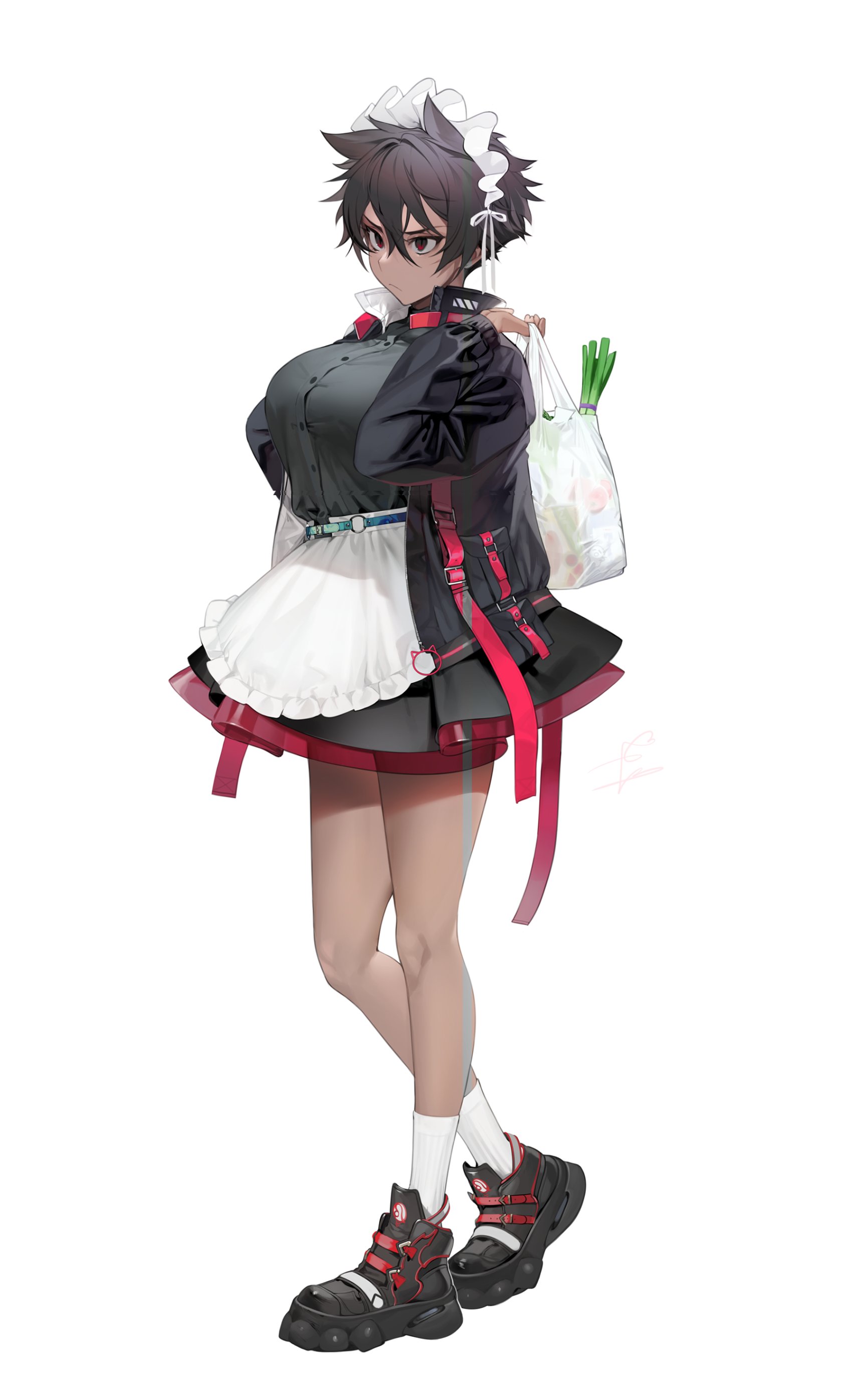 Safebooru - 1girl absurdres alternate costume apron bag black footwear ...