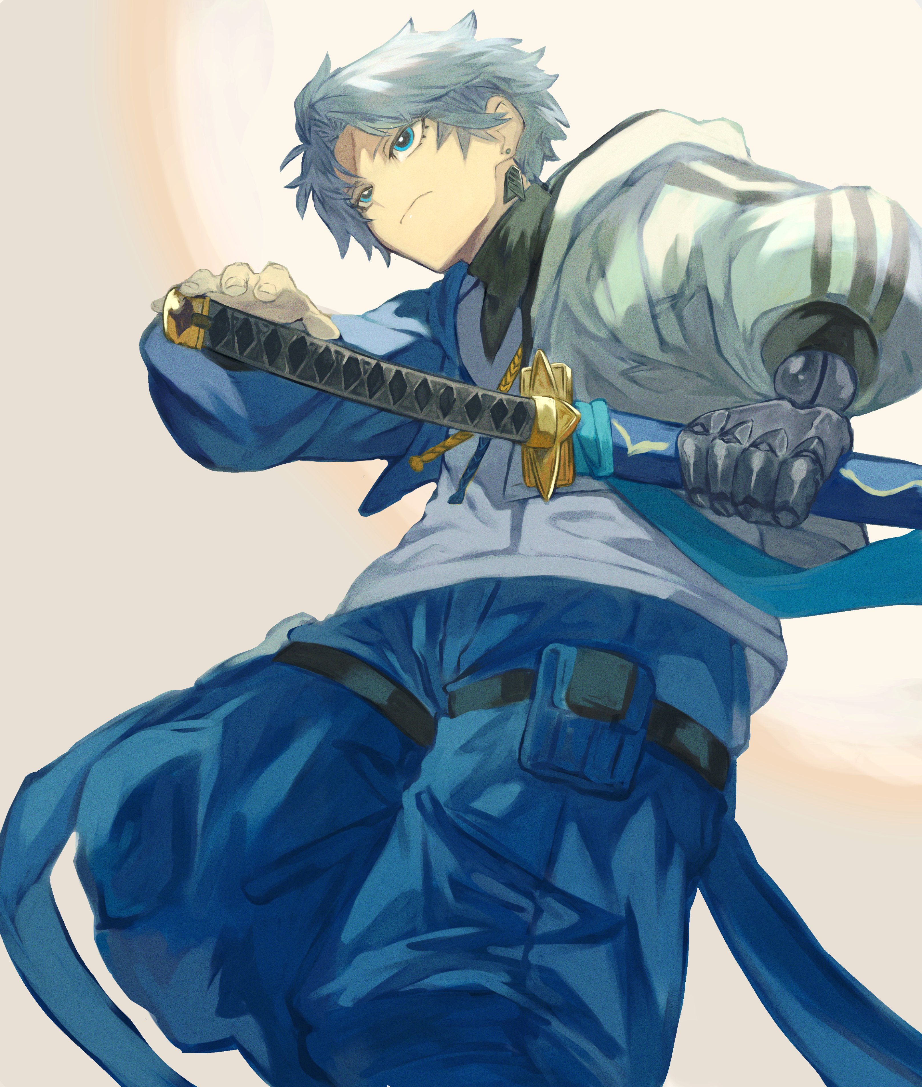 Safebooru - 1boy absurdres blue eyes blue jacket blue pants earrings ...