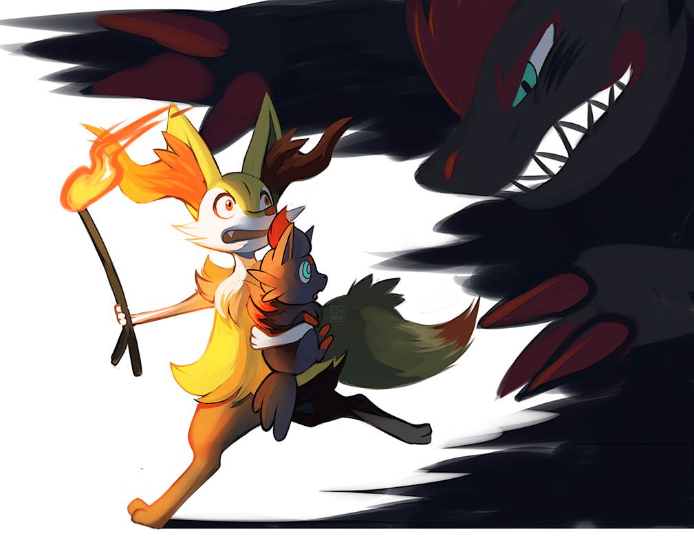 blue_eyes braixen brown_eyes carrying claws clenched_teeth commentary conmi...