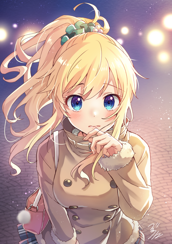 Safebooru 1girl Bag Bekkourico Blonde Hair Blue Eyes Blush Breasts Coat Hair Ornament Hair