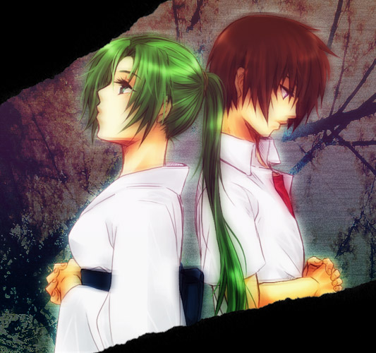 back_to_back brown_hair green_hair higurashi_no_naku_koro_ni maebara_keiich...