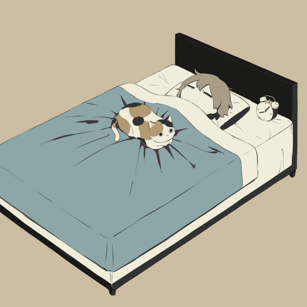 analog_clock animal avogado6 bangs bed bed_sheet blanket brown_hair calico cat...