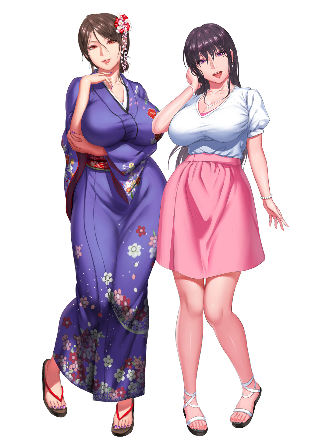 2girls blouse breasts brown_hair commentary_request feet floral_print flowe...