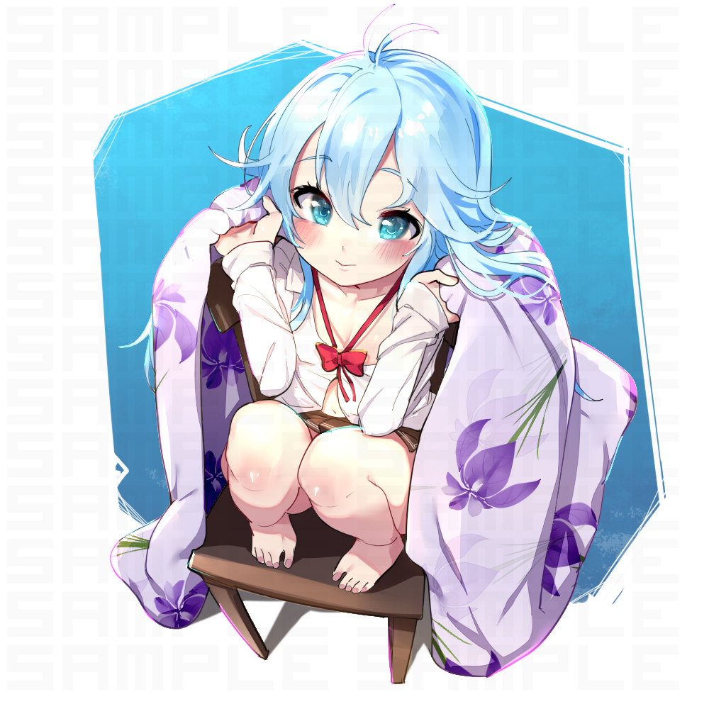 ...barefoot blue_eyes blue_hair blush brown_skirt chair commentary_request ...