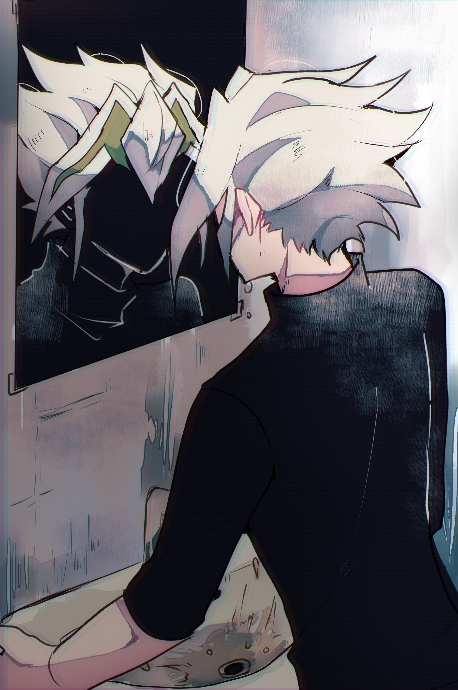 Safebooru - 1boy absurdres bathroom black shirt different reflection ...