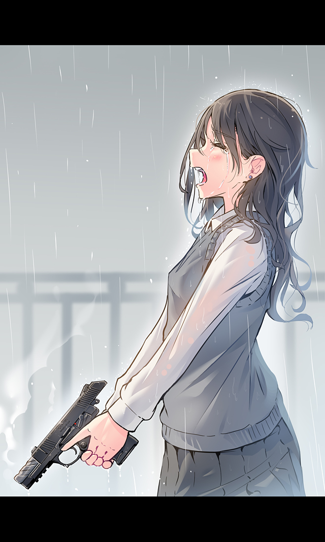 Safebooru - 1girl black hair blush breasts crying daito gun handgun ...