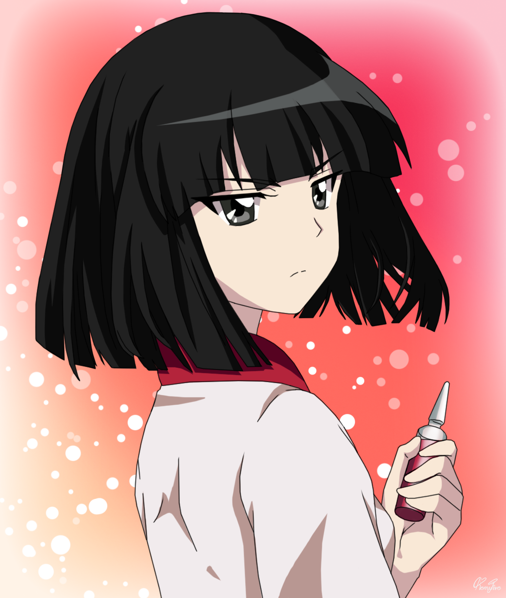 Safebooru - 1girl arm up artist name bangs black hair blunt bangs ...