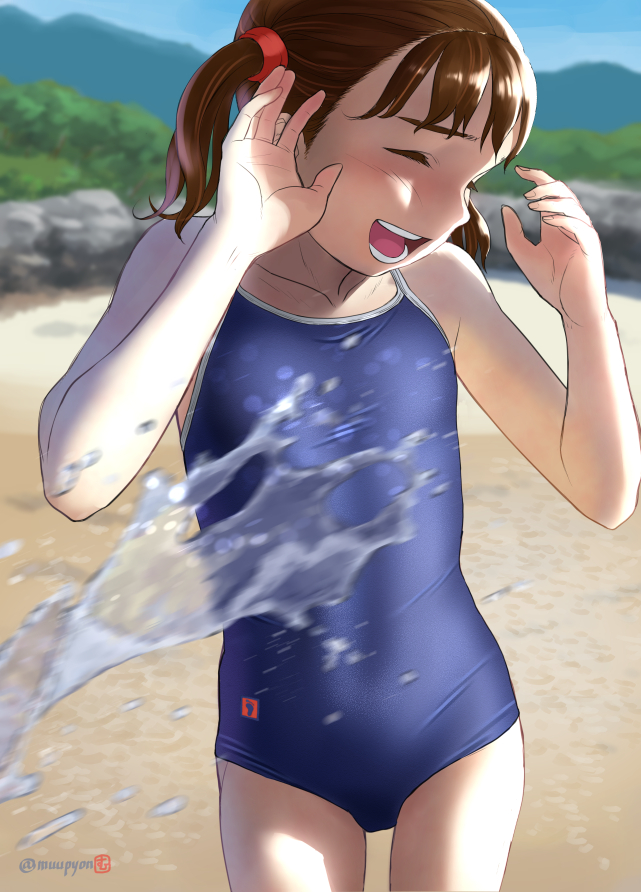 Safebooru 1girl Artist Name Blue Sky Blue Swimsuit Brown Hair Bush Closed Eyes Commentary 3706