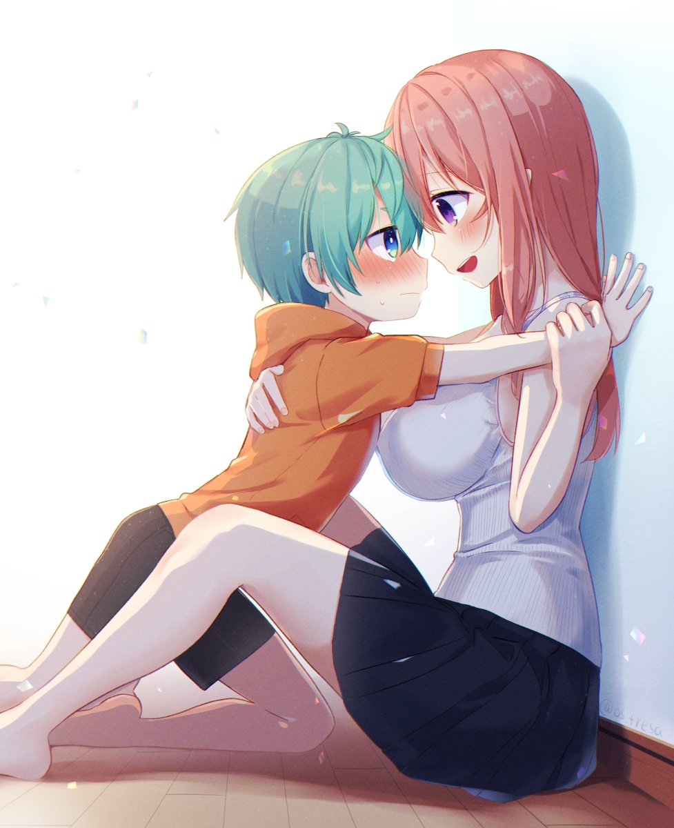 Safebooru - 1boy 1girl against wall age difference blue hair