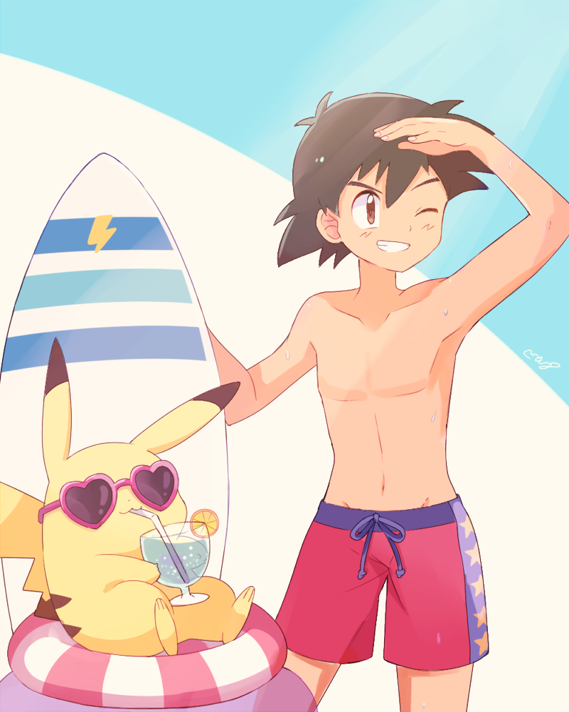 (creature) satoshi(pokemon) shirtless sitting smile spiky_hair sunglasses s...