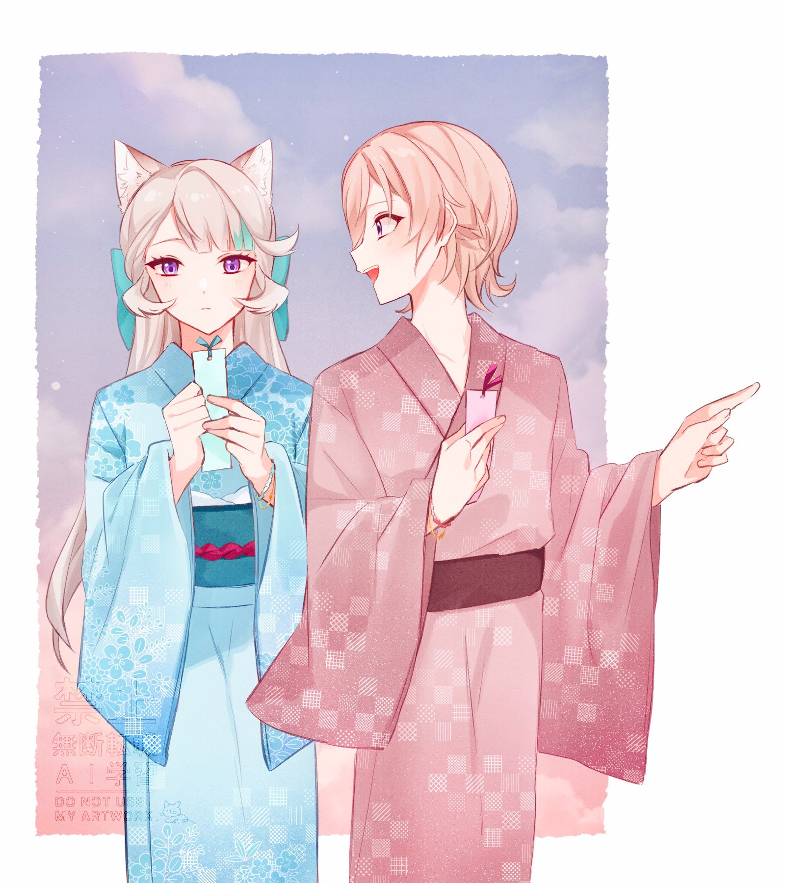Safebooru - 1boy 1girl :d animal ear fluff animal ears aqua bow aqua ...