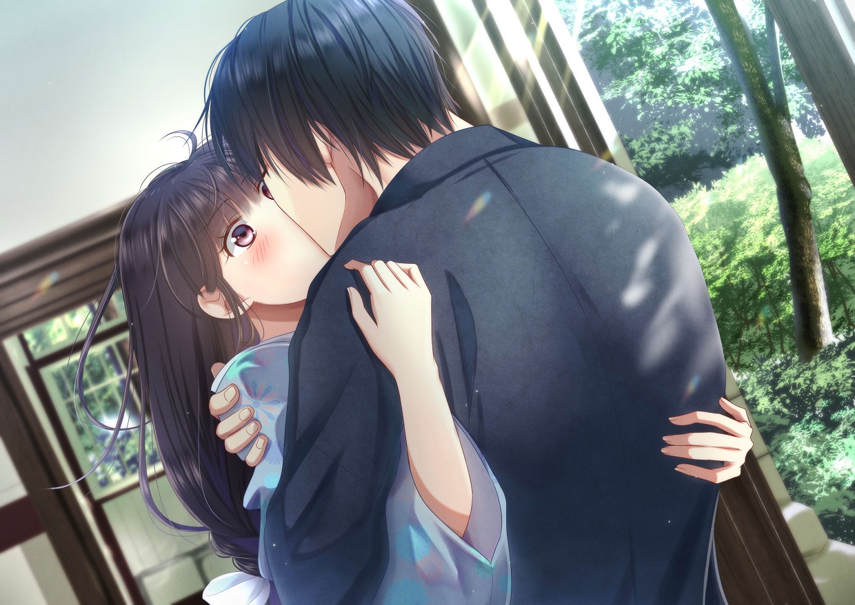 Safebooru - 1boy 1girl black hair blush day dutch angle hetero hug