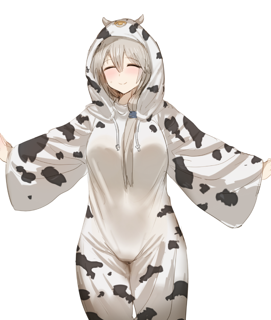 1girl animal_costume animal_print bow(bhp) closed_eyes commentary cow_costu...