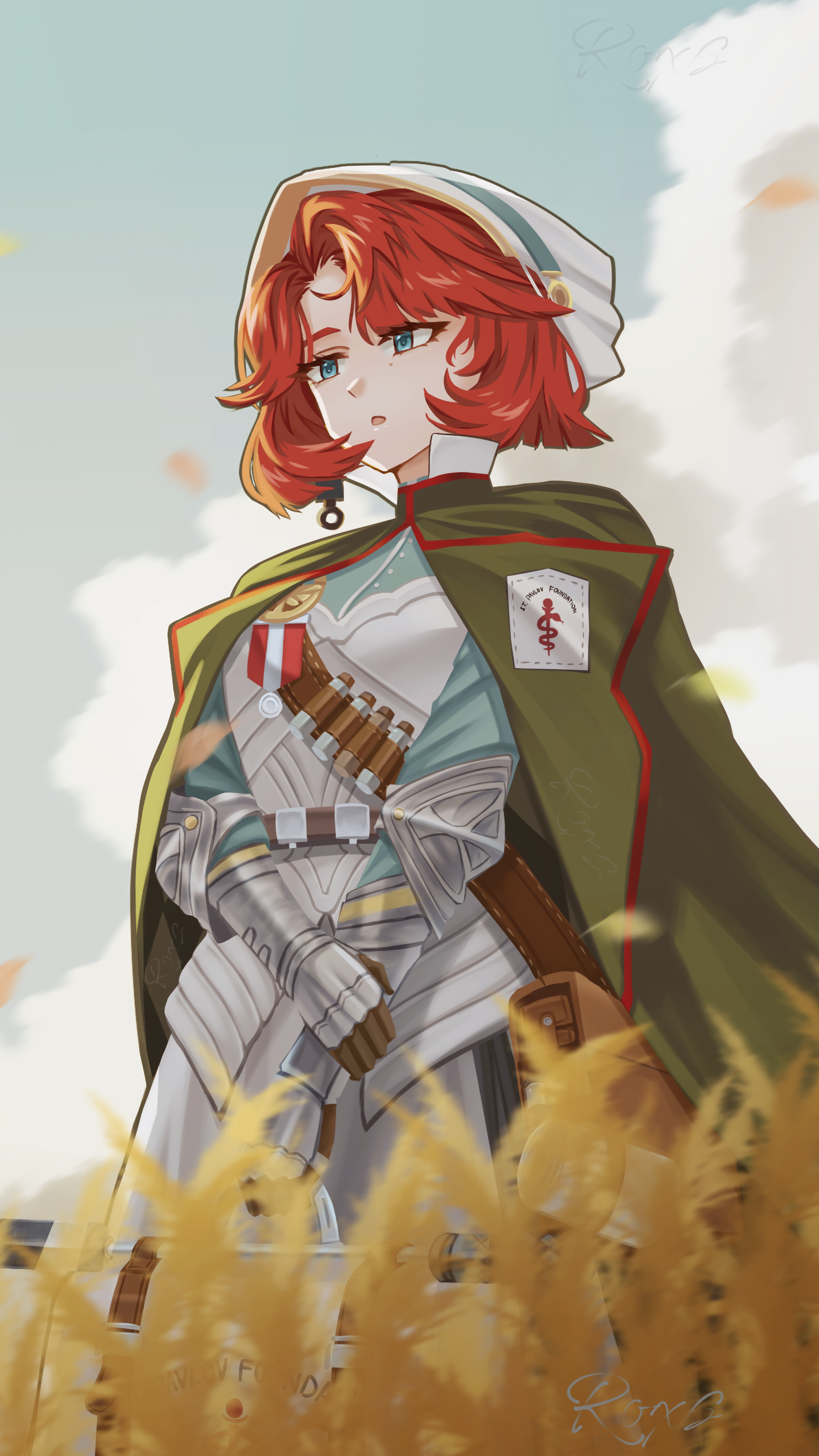 Safebooru - 1girl :o absurdres bag blue eyes blue shirt blue sky brown ...