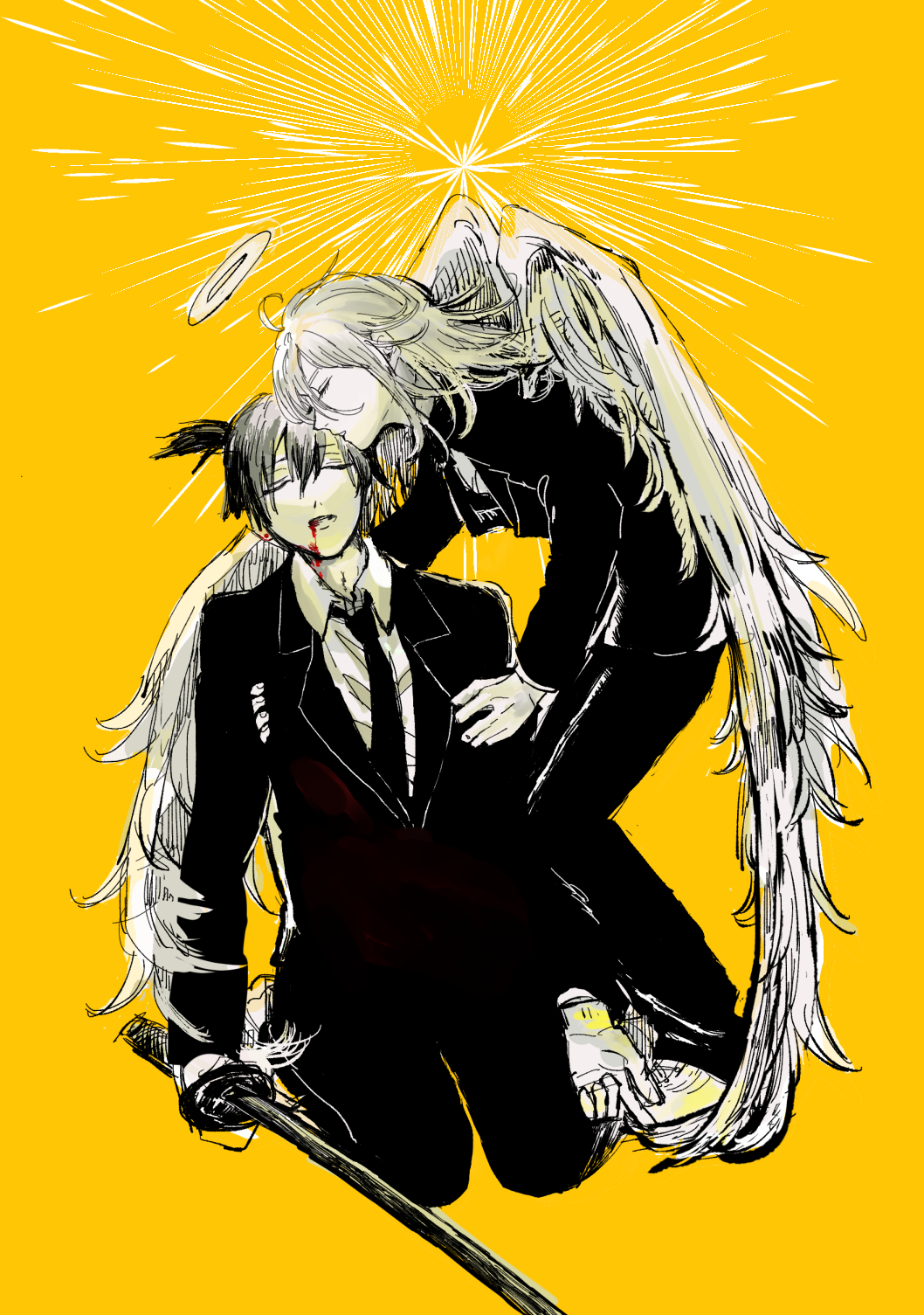 2boys ae2w3 angel angel_devil(chainsaw_man) angel_wings black_jacket black_...