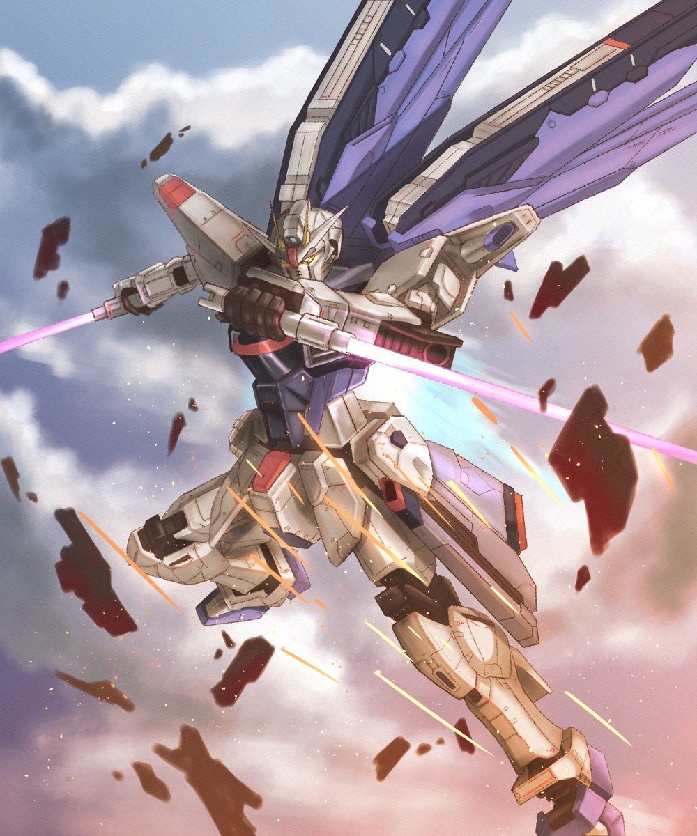 Safebooru Beam Saber Dual Wielding Flying Freedom Gundam Glowing Glowing Eyes Gundam Gundam